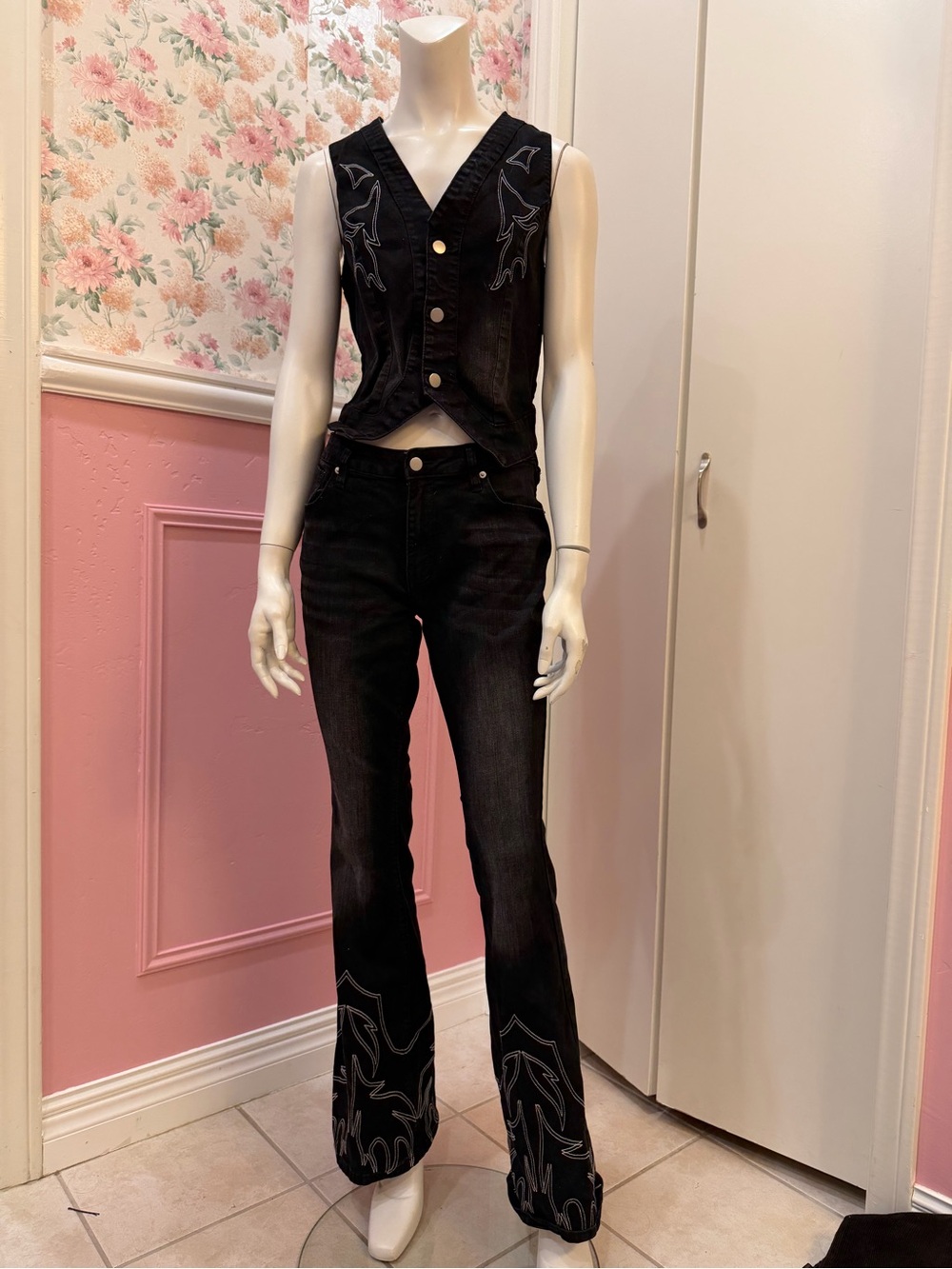Black Embroidered Flared Jeans with Matching Vest